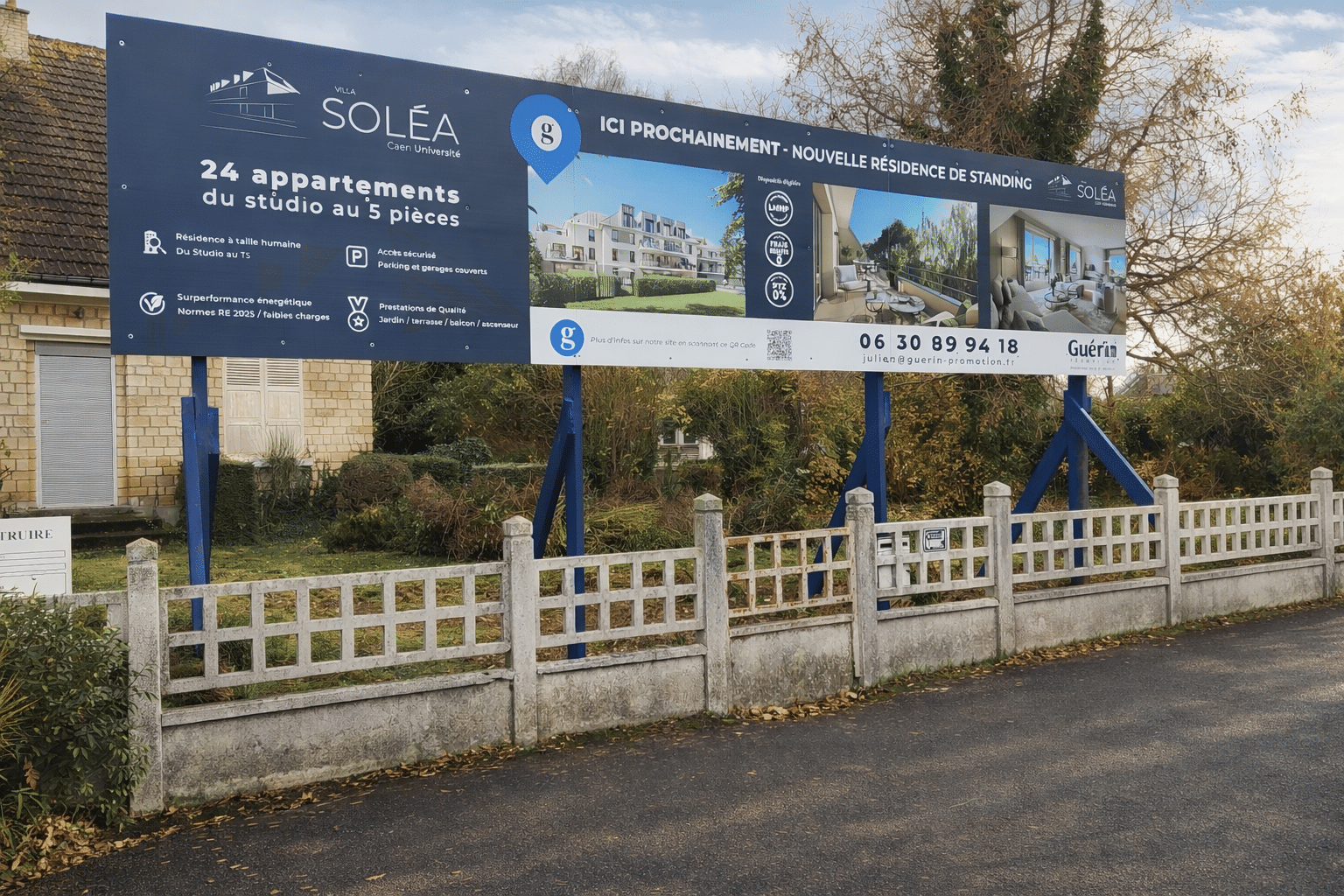 You are currently viewing Fabrication et pose d&rsquo;un panneau publicitaire : Guérin Promotion Résidence Solea à Caen